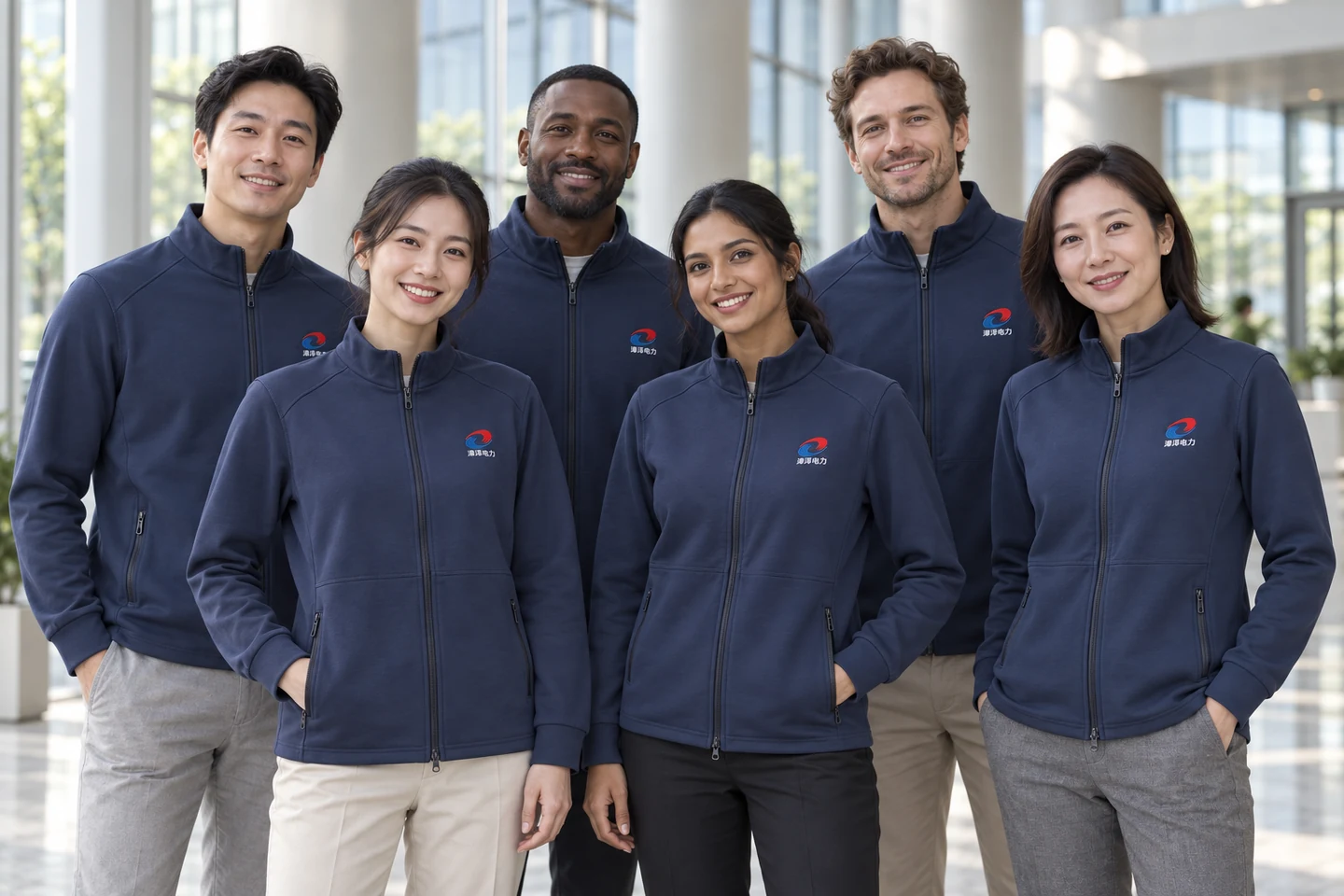 Navy Stand-Collar Zip Jacket · International team styling · Group portrait · PM-C-010 / 9