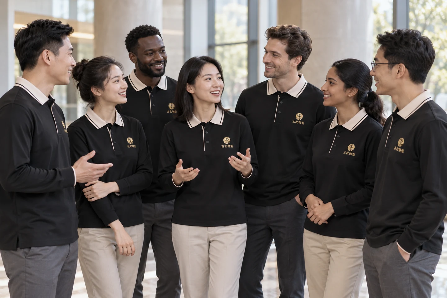 Black Long-Sleeve Polo Shirt · International team styling · Group interaction · PM-C-013 / 10