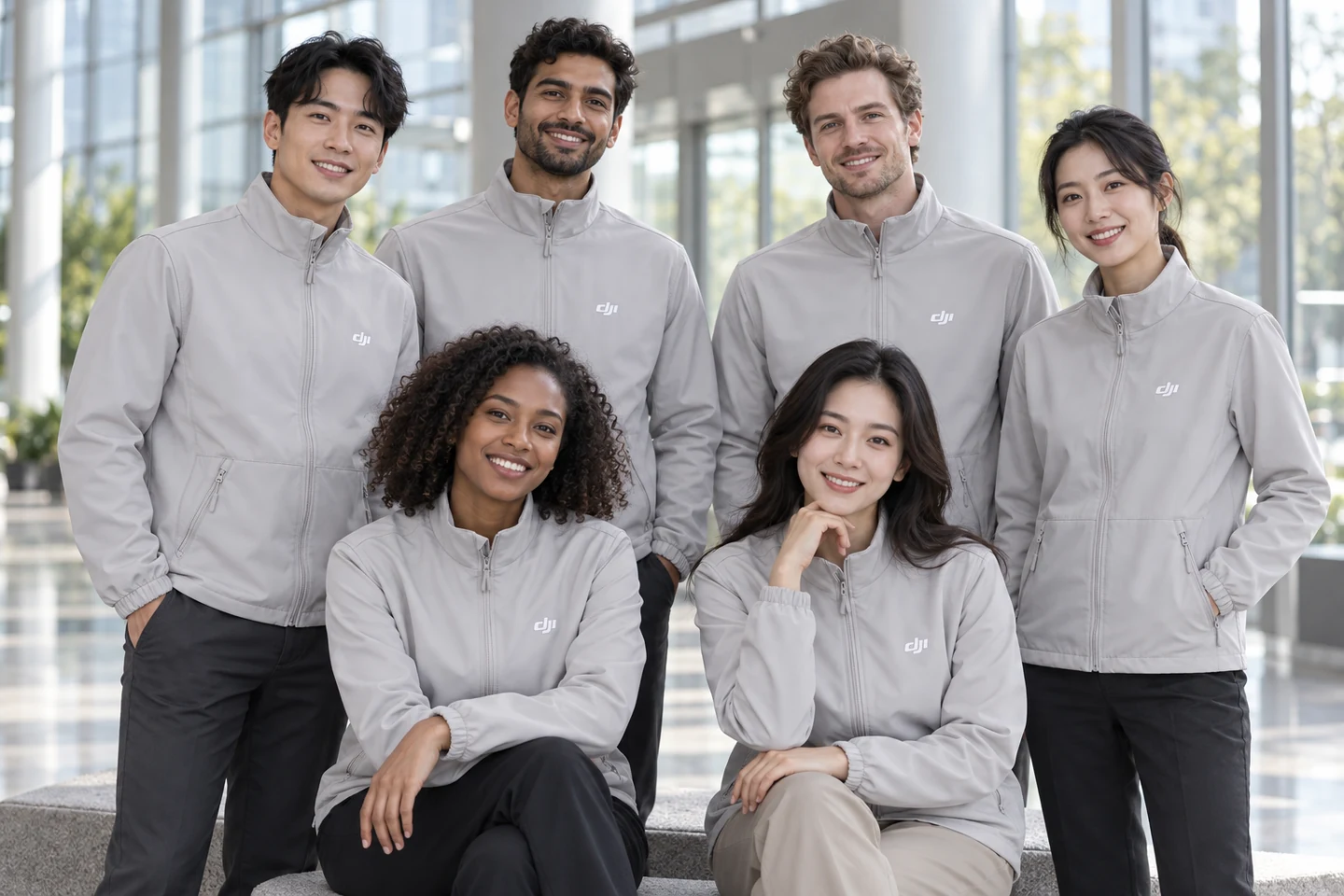 Light Grey Stand-Collar Zip Jacket · International team styling · Group portrait · PM-C-015 / 9
