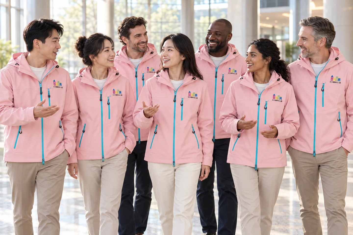 Pink Hooded Jacket · International team styling · Group interaction · PM-C-038 / 9