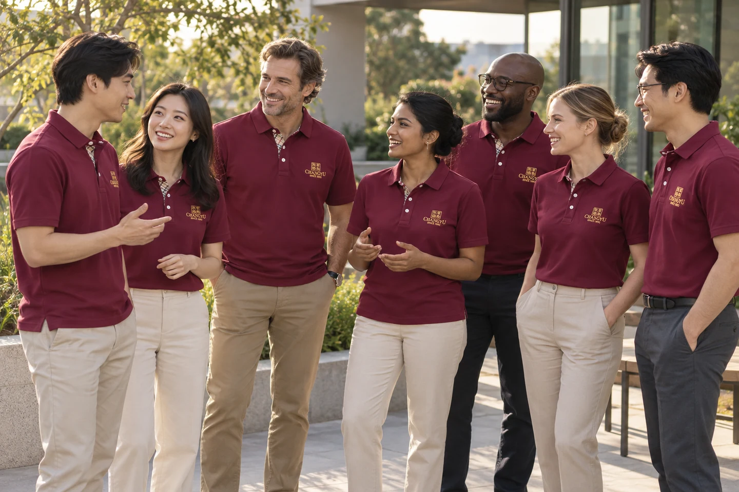 Burgundy Polo Shirt · International team styling · Group interaction · PM-C-065 / 9