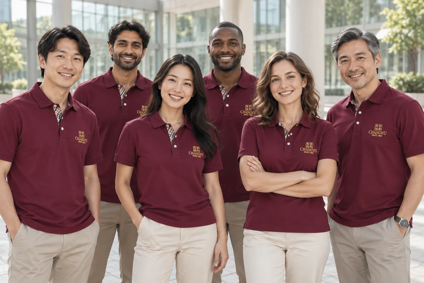 Burgundy Polo Shirt · International team styling · Group portrait · PM-C-065 / 8
