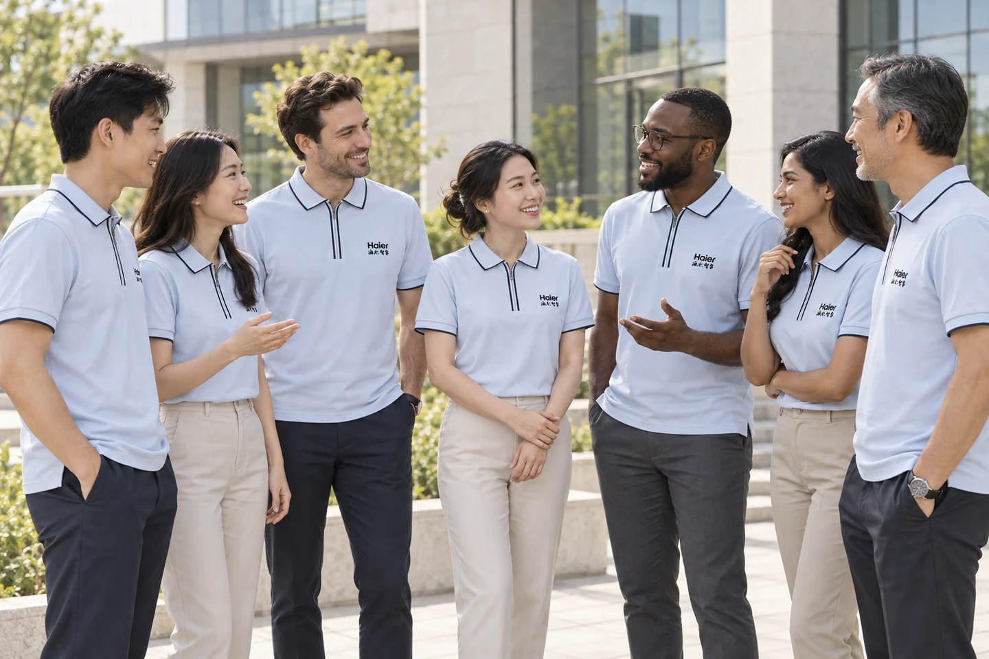 Light Blue Zip-Neck Polo Shirt · International team styling · Group interaction · PM-C-069 / 10