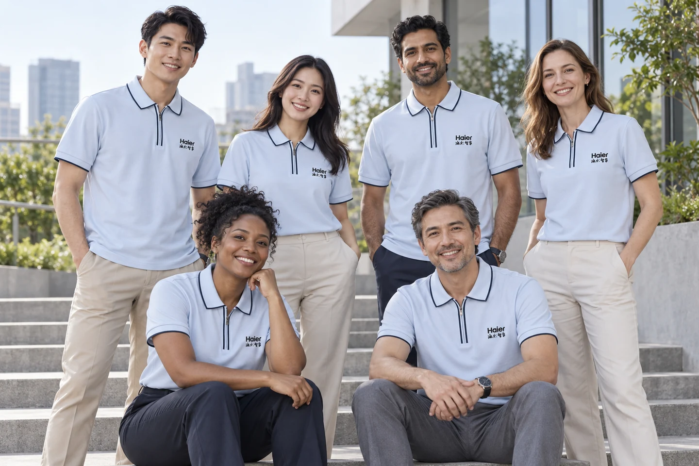 Light Blue Zip-Neck Polo Shirt · International team styling · Group portrait · PM-C-069 / 9