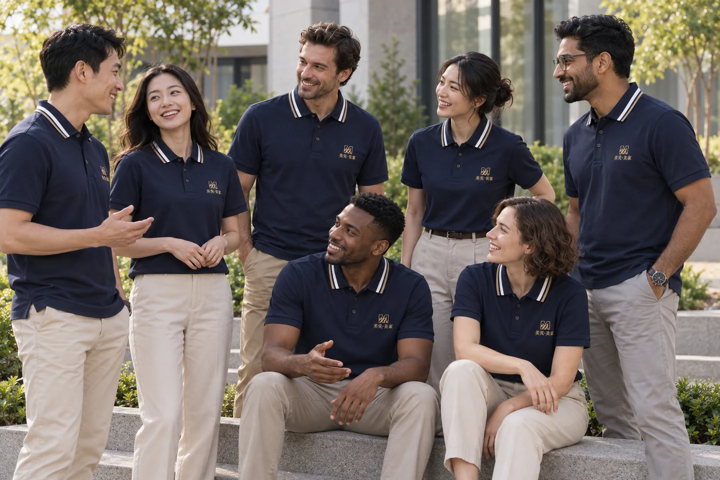 Navy Polo Shirt · International team styling · Group interaction · PM-C-070 / 10