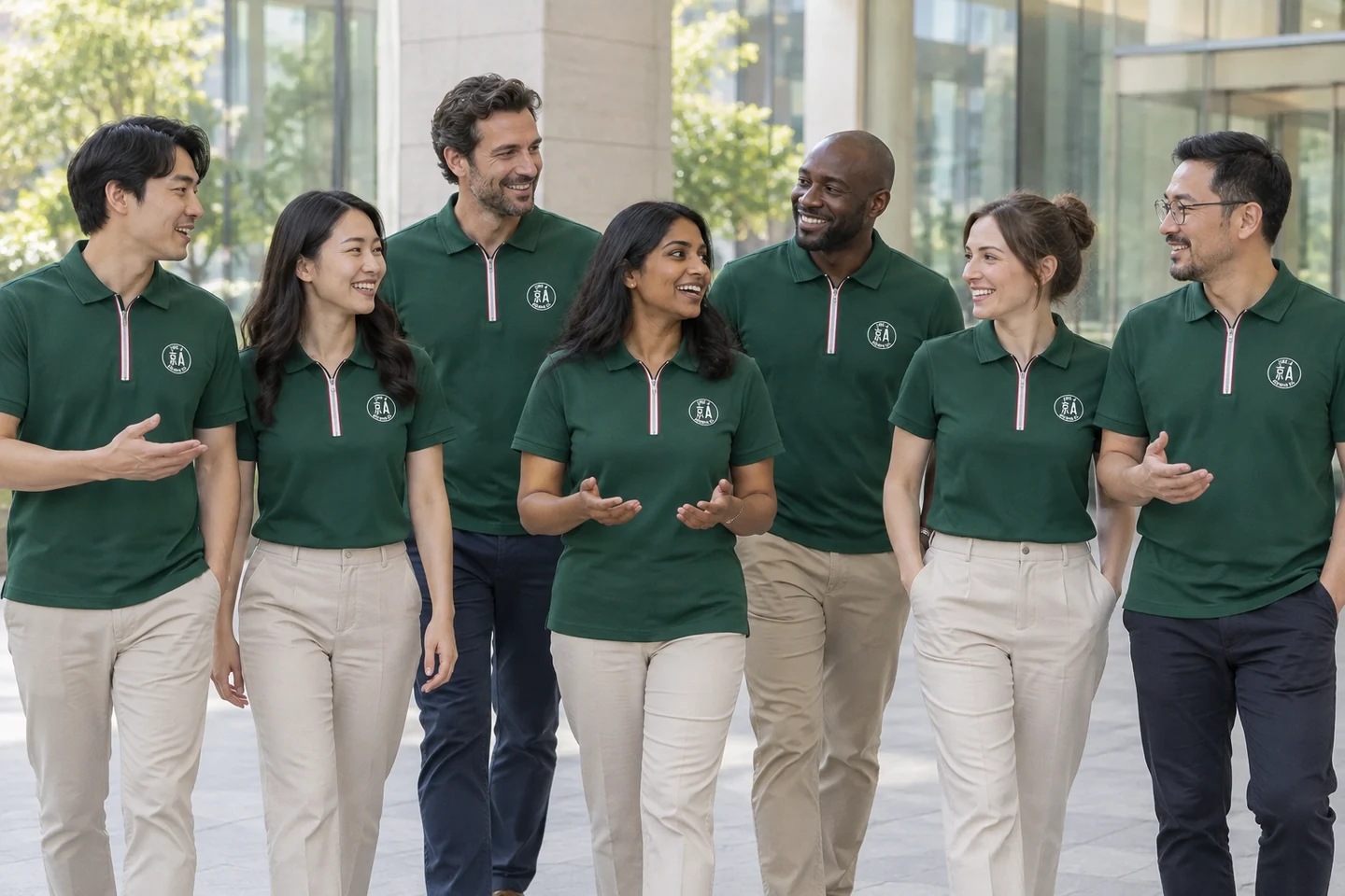 Deep Green Zip-Neck Polo Shirt · International team styling · Group interaction · PM-C-074 / 10