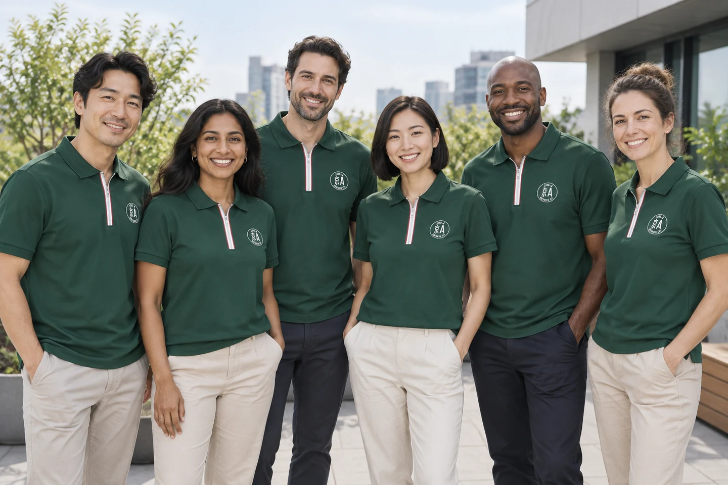 Deep Green Zip-Neck Polo Shirt · International team styling · Group portrait · PM-C-074 / 9