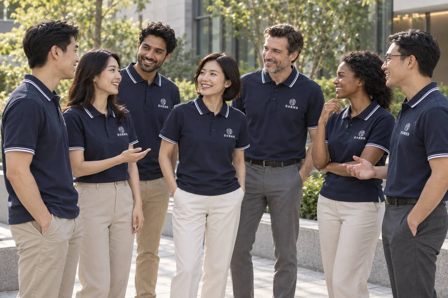 Navy Polo Shirt · International team styling · Group interaction · PM-C-075 / 10