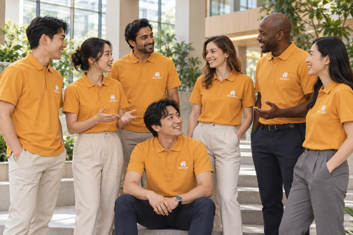 Orange Polo Shirt · International team styling · Group interaction · PM-C-076 / 10