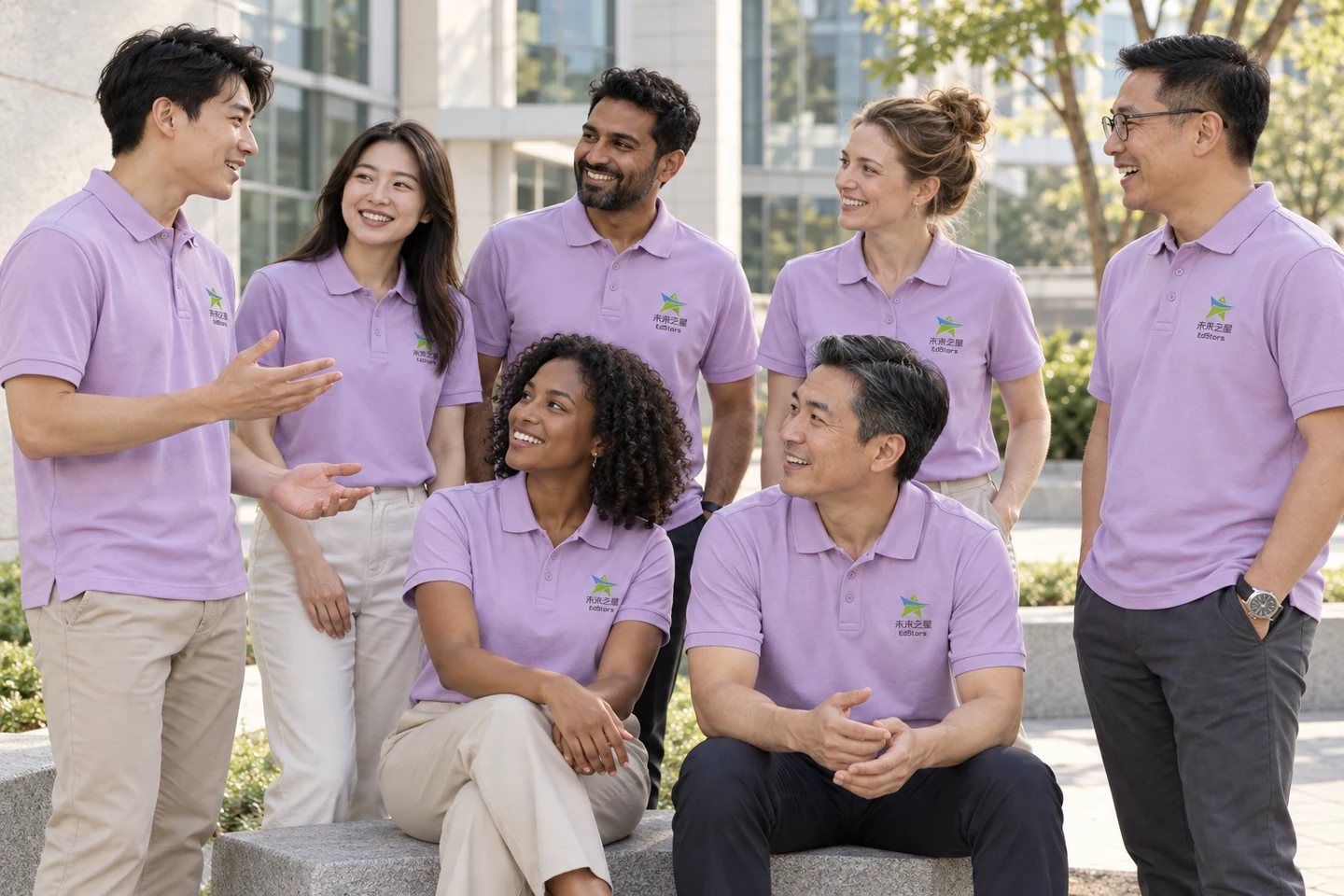 Lavender Polo Shirt · International team styling · Group interaction · PM-C-079 / 9