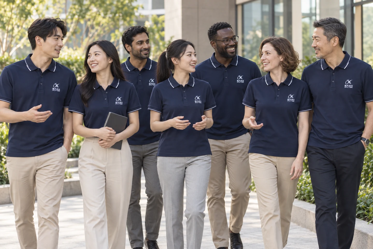 Navy Polo Shirt · International team styling · Group interaction · PM-C-080 / 10