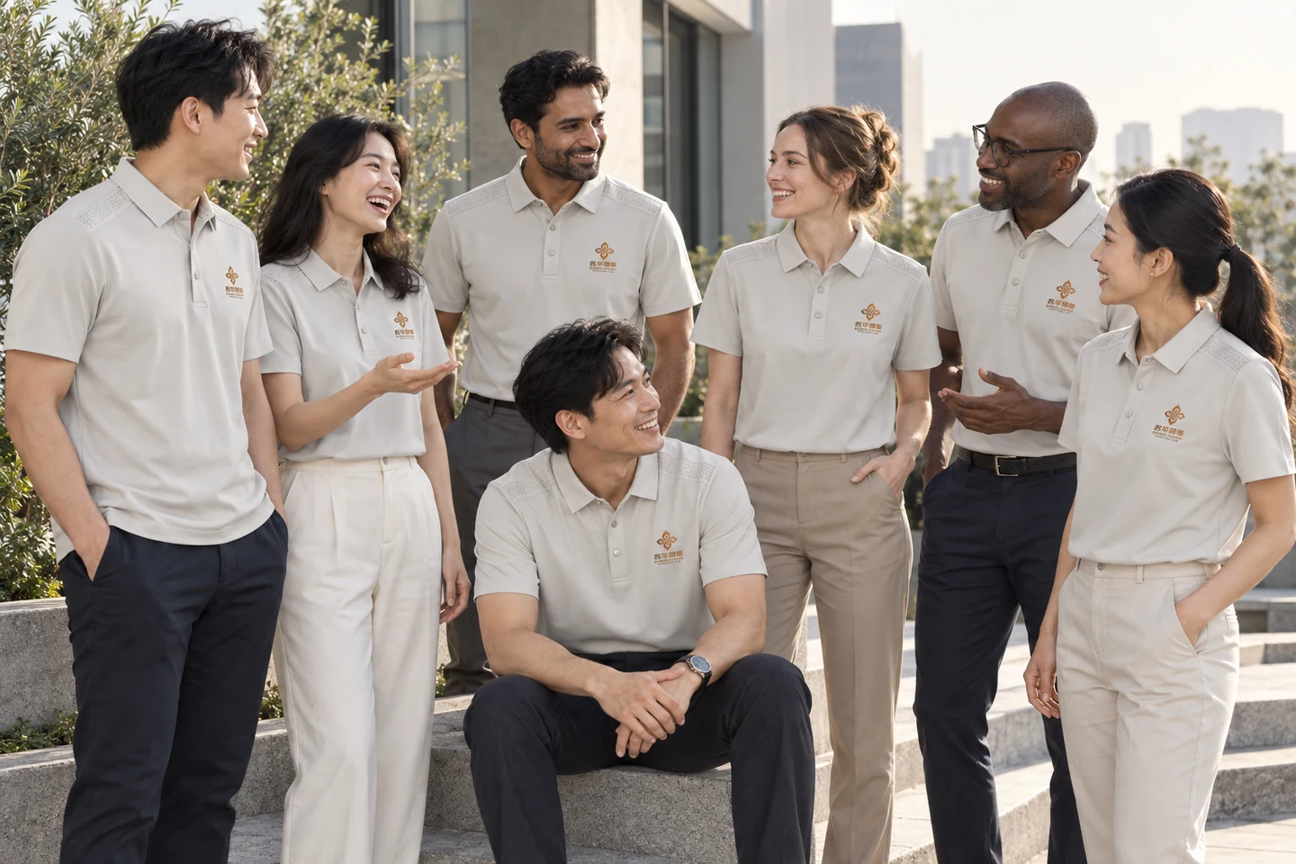 Beige Polo Shirt · International team styling · Group interaction · PM-C-082 / 10