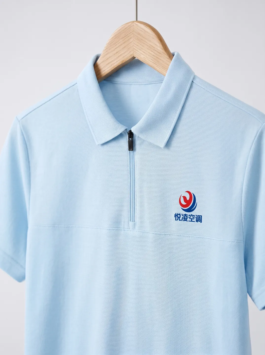 Light Blue Zip-Neck Polo Shirt · Logo and design details · PM-C-084 / 5