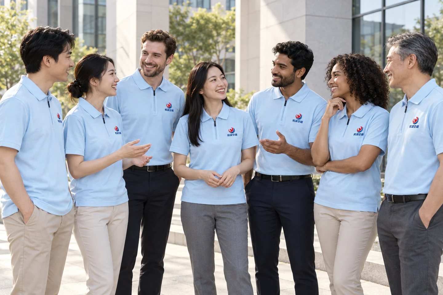Light Blue Zip-Neck Polo Shirt · International team styling · Group interaction · PM-C-084 / 10