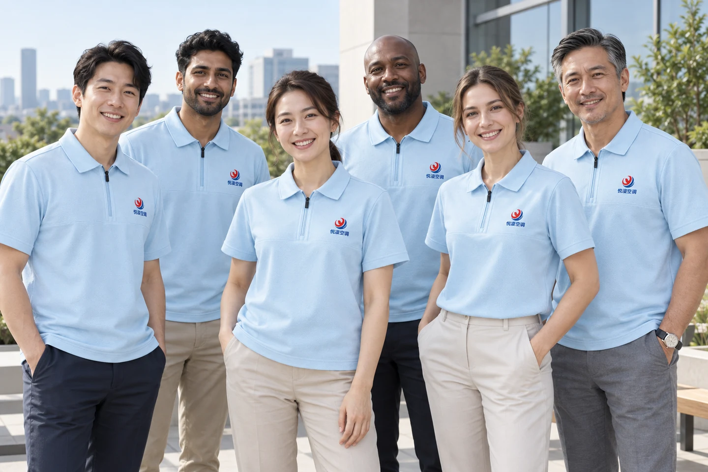 Light Blue Zip-Neck Polo Shirt · International team styling · Group portrait · PM-C-084 / 9