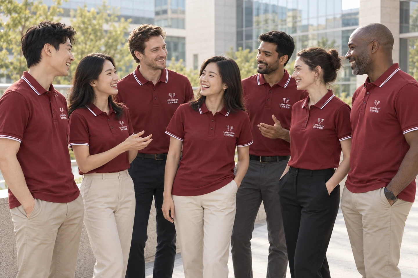 Burgundy Polo Shirt · International team styling · Group interaction · PM-C-089 / 10