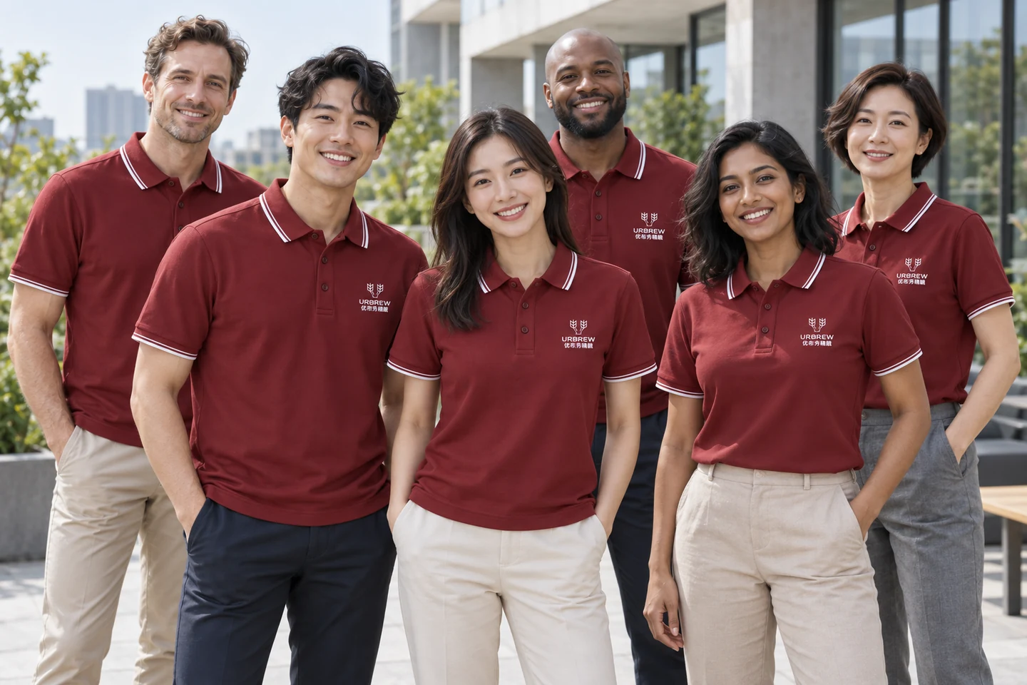 Burgundy Polo Shirt · International team styling · Group portrait · PM-C-089 / 9