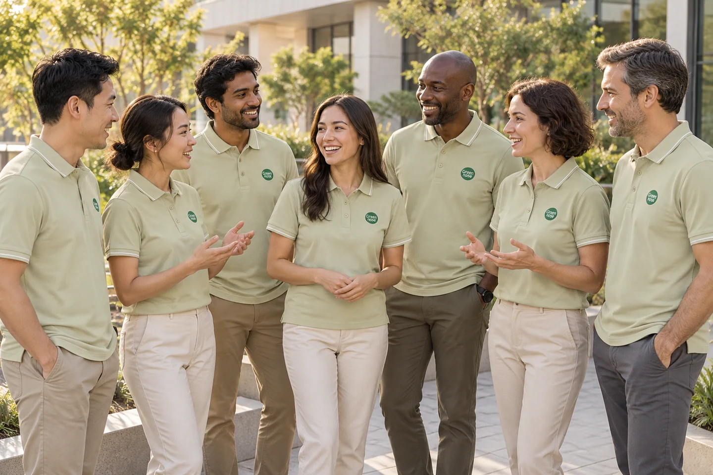 Sage Polo Shirt · International team styling · Group interaction · PM-C-095 / 10
