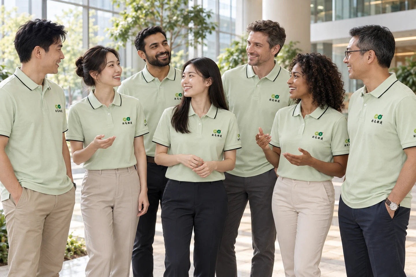 Sage Polo Shirt · International team styling · Group interaction · PM-C-096 / 10