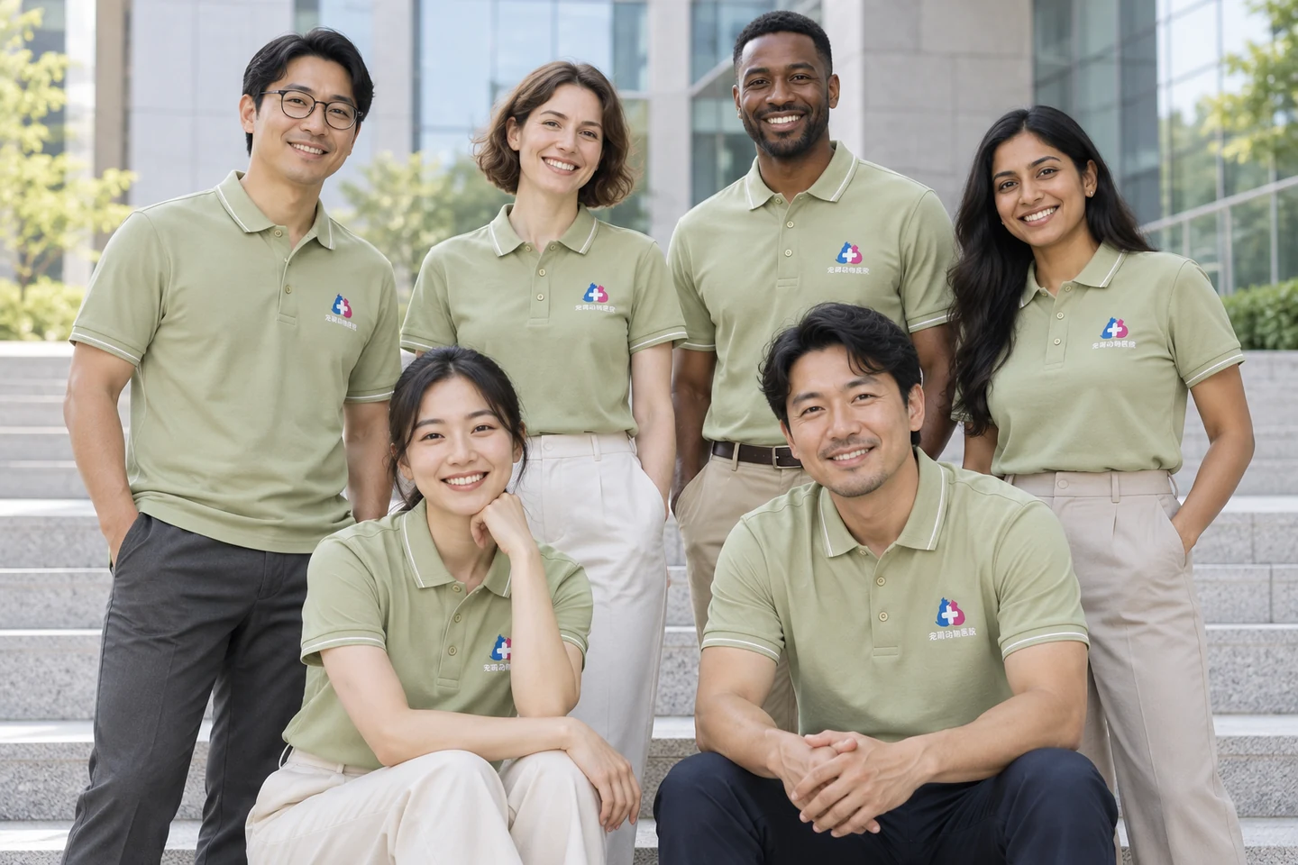 Poloshirt · Salbeigrün · Internationaler Teamlook · Gruppenporträt · PM-C-111 / 8