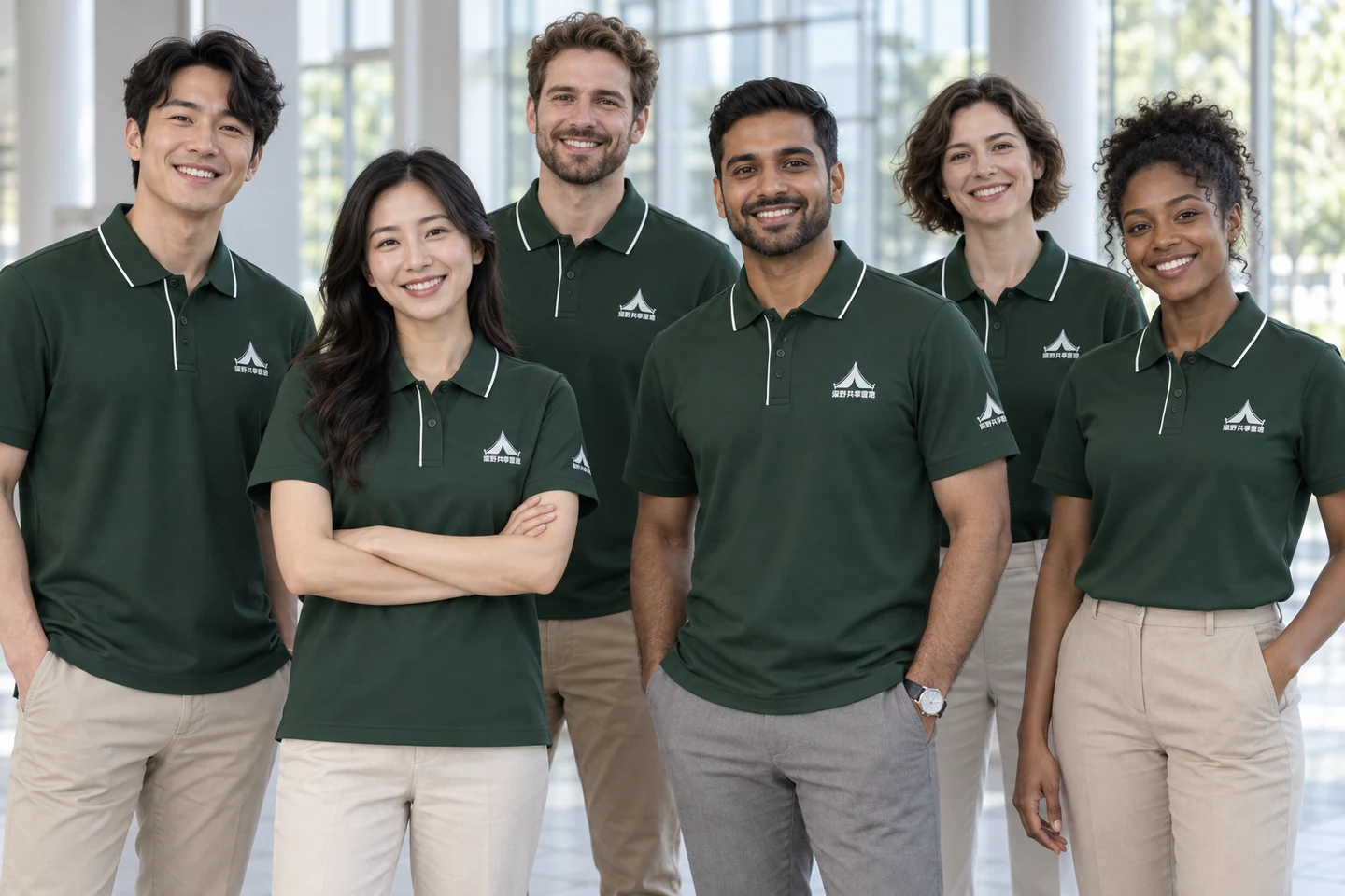 Poloshirt · Dunkelgrün · Internationaler Teamlook · Gruppenporträt · PM-C-120 / 8