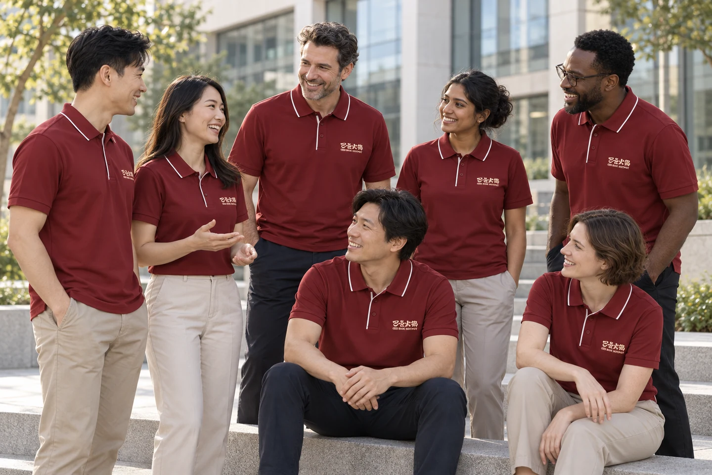 Burgundy Polo Shirt · International team styling · Group interaction · PM-C-124 / 9