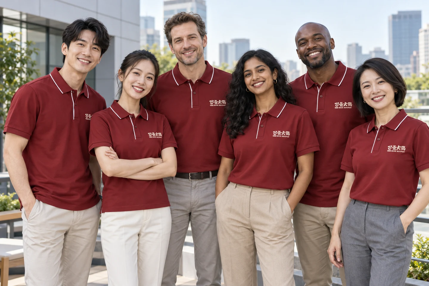 Burgundy Polo Shirt · International team styling · Group portrait · PM-C-124 / 8