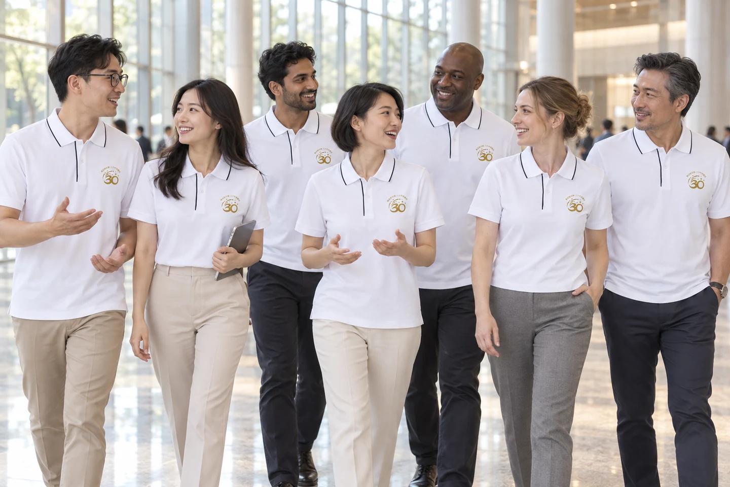 White Polo Shirt · International team styling · Group interaction · PM-C-128 / 10