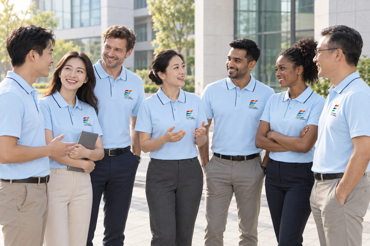 Light Blue Polo Shirt · International team styling · Group interaction · PM-C-129 / 9