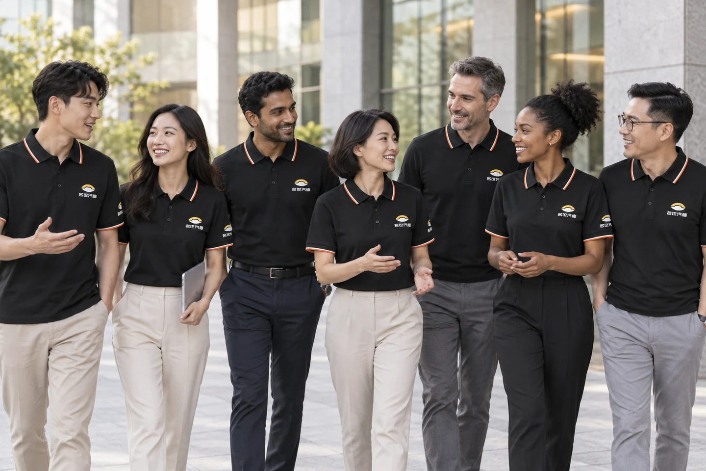 Black Polo Shirt · International team styling · Group interaction · PM-C-134 / 10