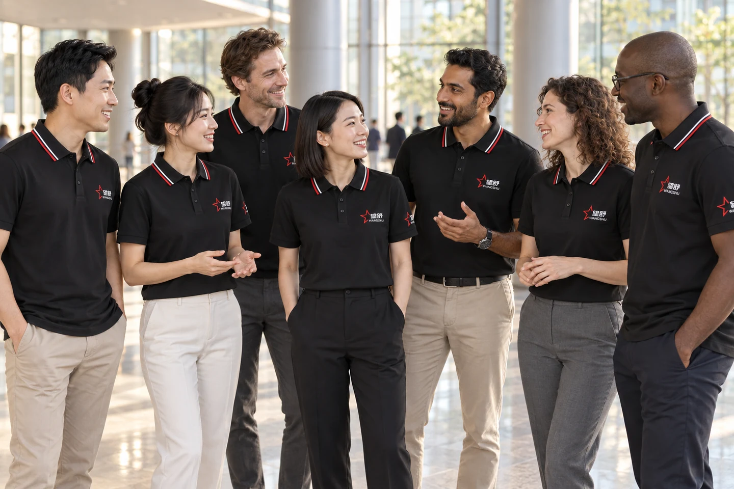 Black Polo Shirt · International team styling · Group interaction · PM-C-138 / 10