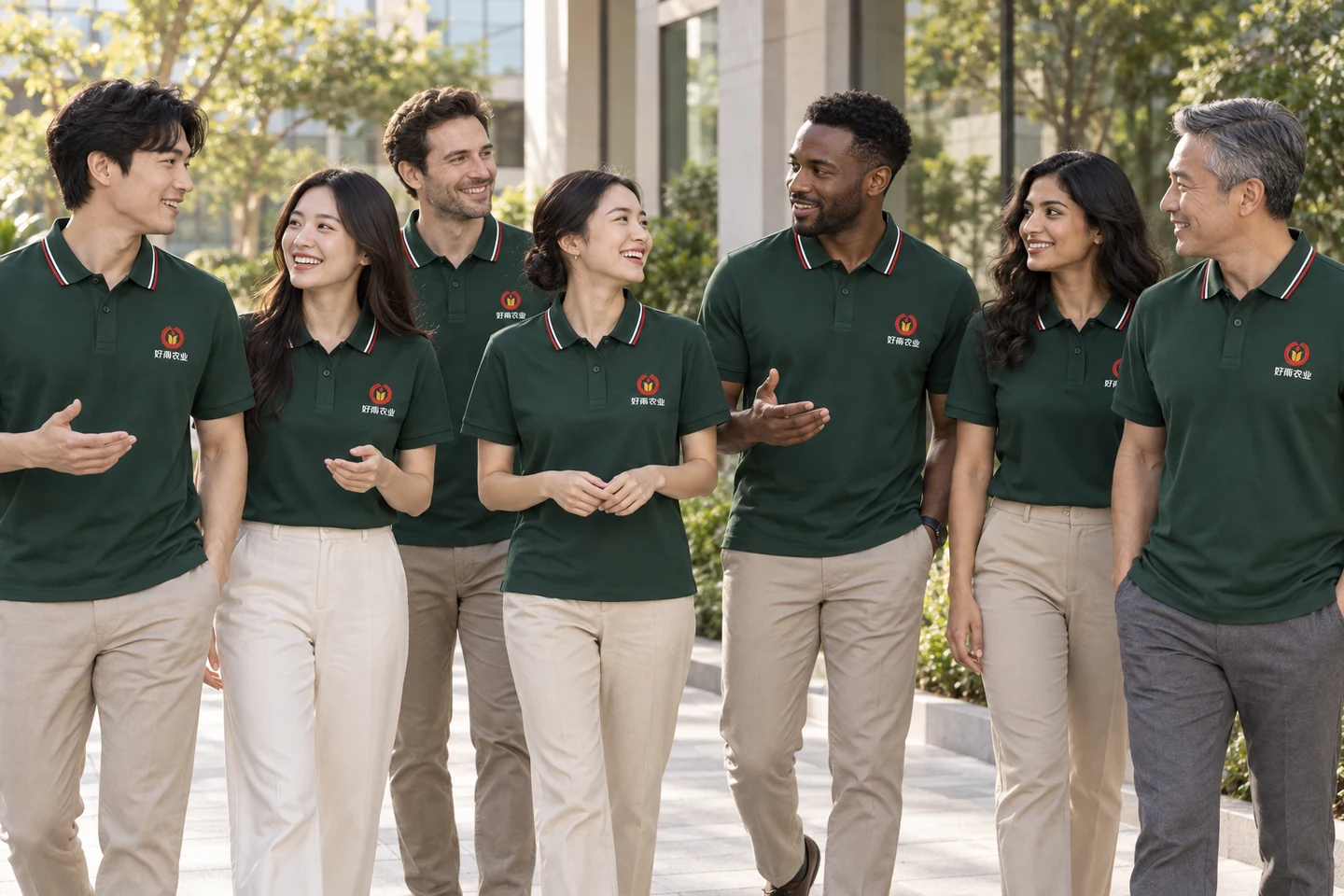 Deep Green Polo Shirt · International team styling · Group interaction · PM-C-140 / 10