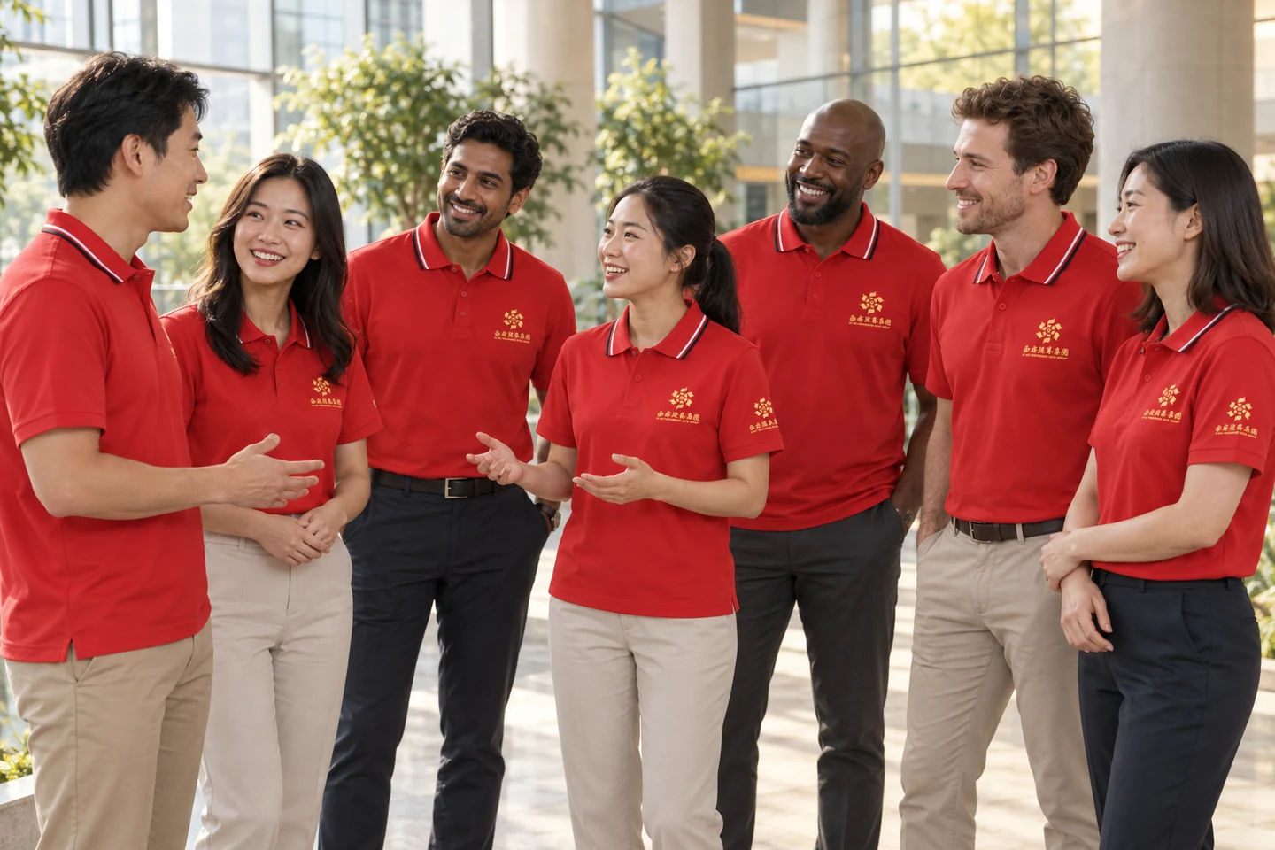 Red Polo Shirt · International team styling · Group interaction · PM-C-141 / 10