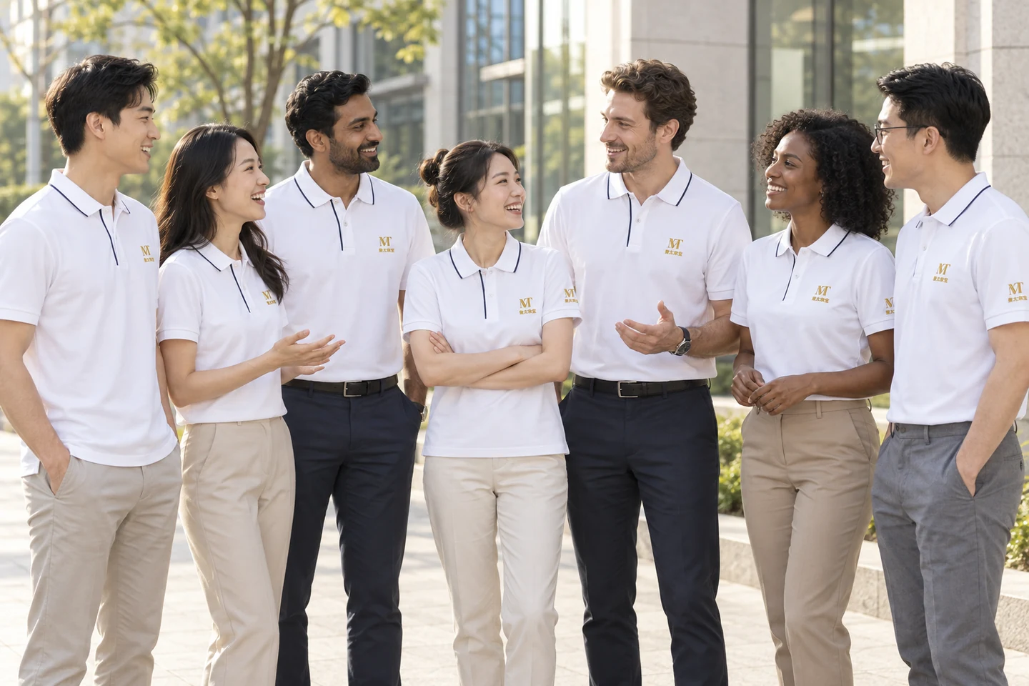 White Zip-Neck Polo Shirt · International team styling · Group interaction · PM-C-144 / 10