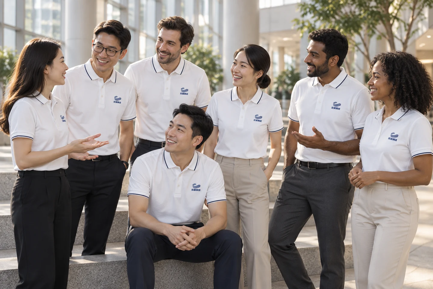 White Polo Shirt · International team styling · Group interaction · PM-C-148 / 10