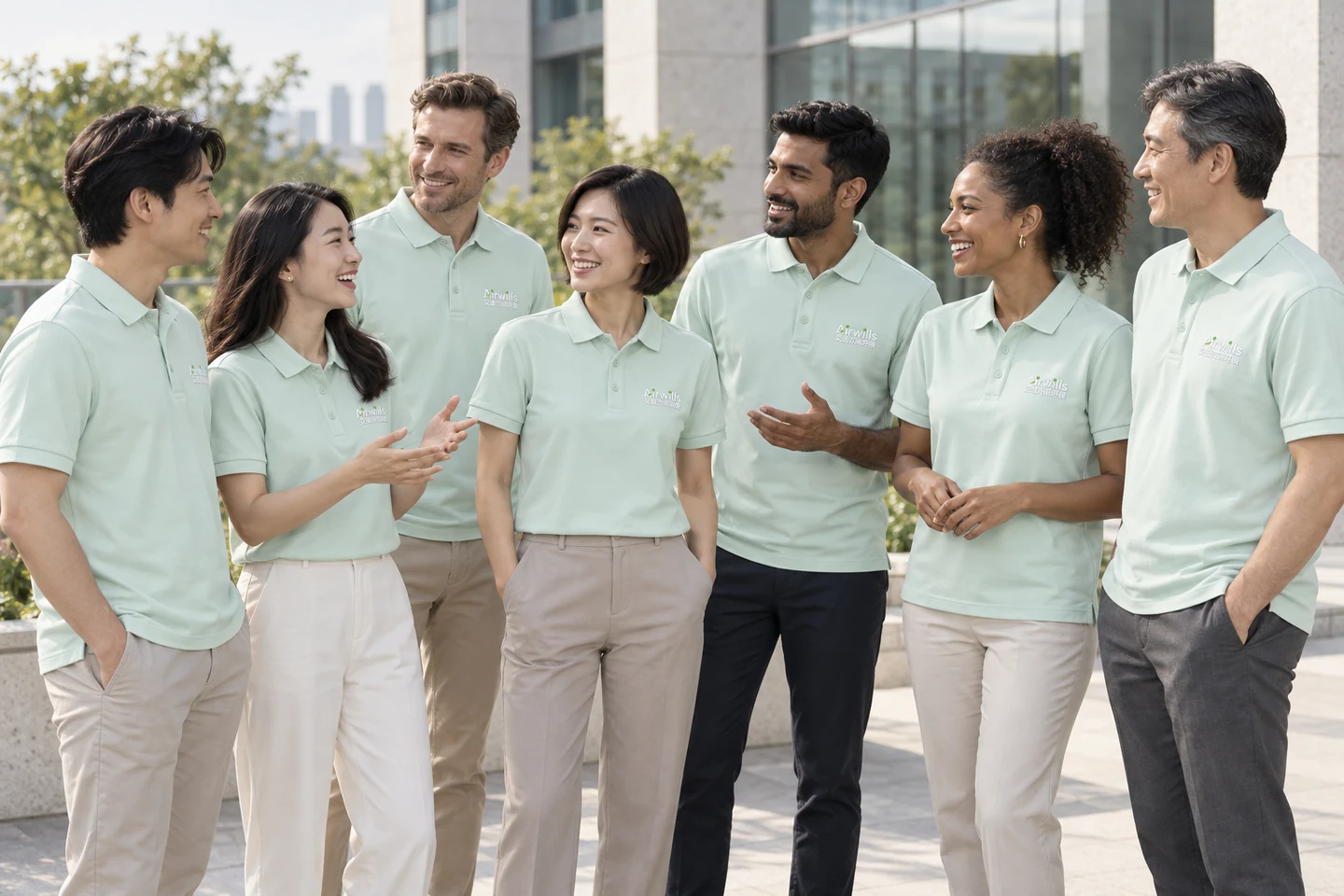 Mint Polo Shirt · International team styling · Group interaction · PM-C-149 / 10