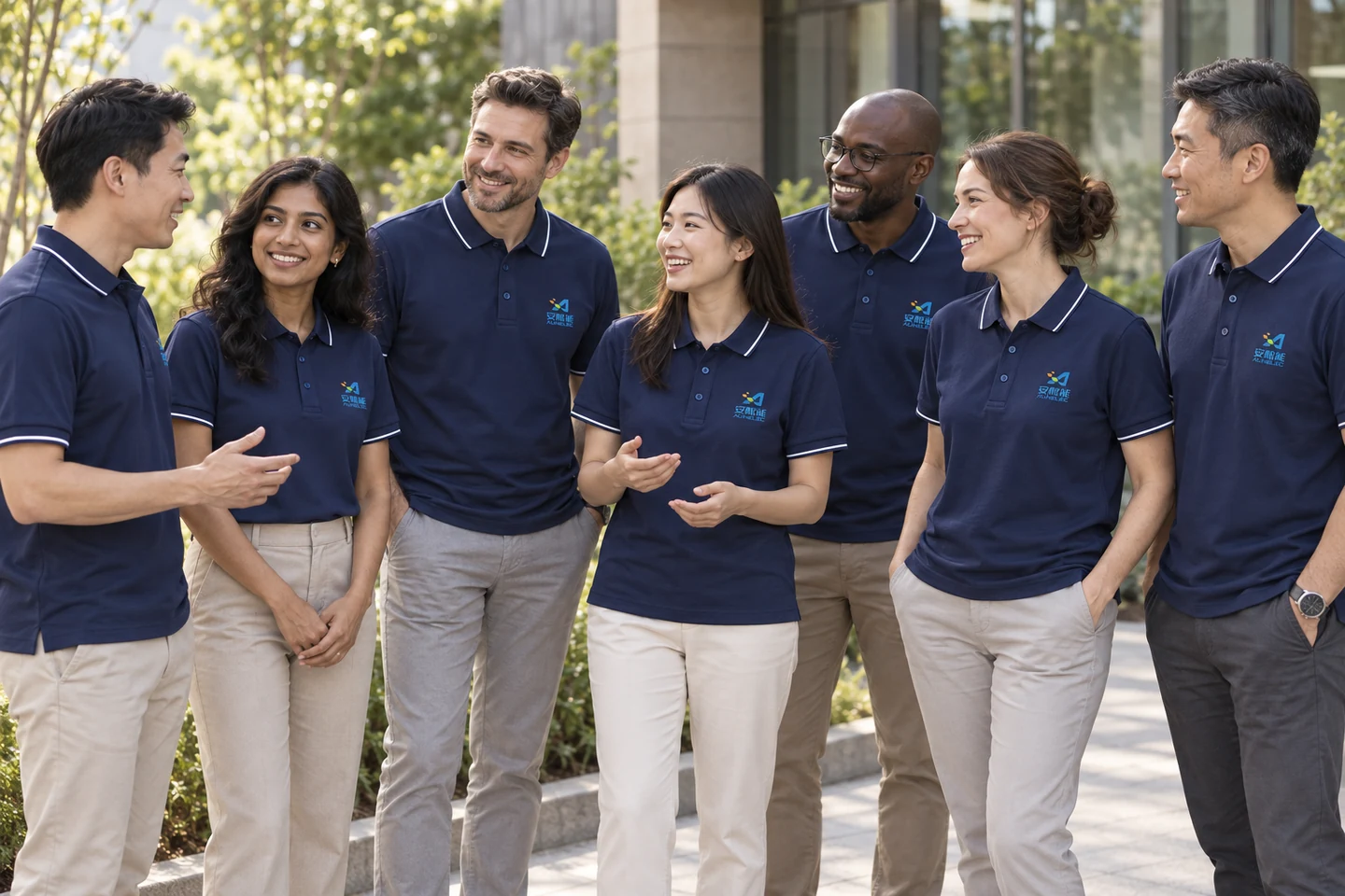 Navy Polo Shirt · International team styling · Group interaction · PM-C-150 / 10