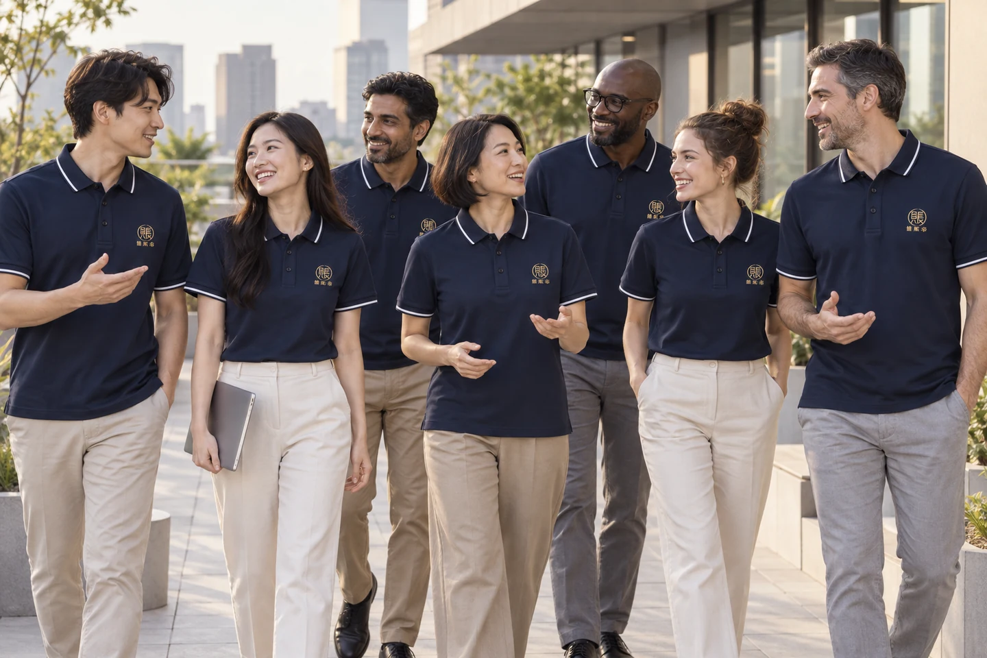 Navy Polo Shirt · International team styling · Group interaction · PM-C-152 / 10