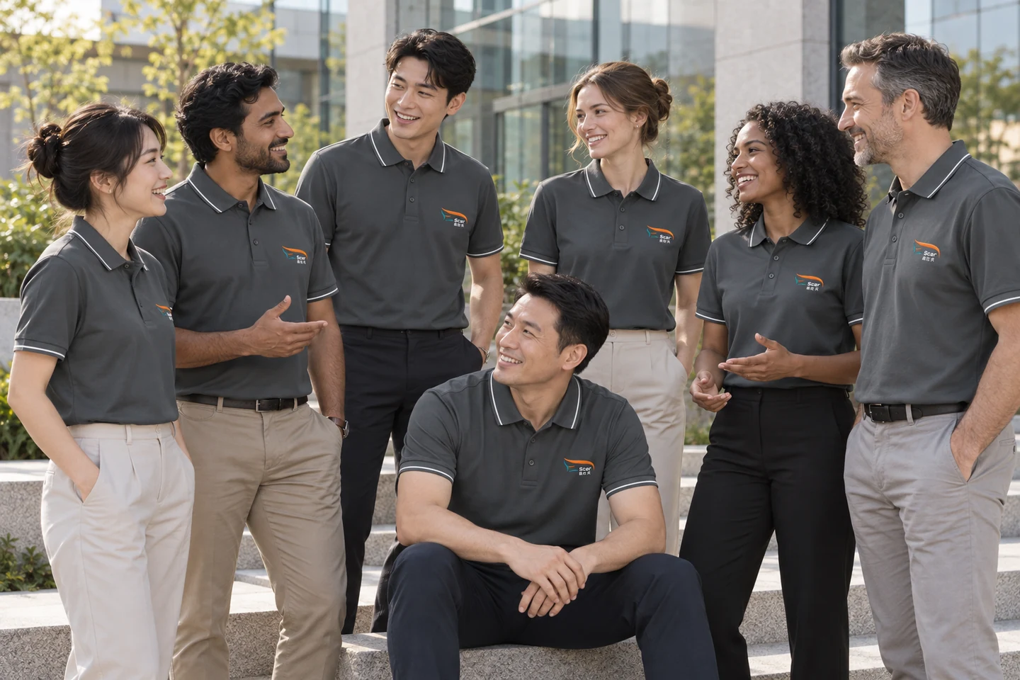 Charcoal Polo Shirt · International team styling · Group interaction · PM-C-154 / 10