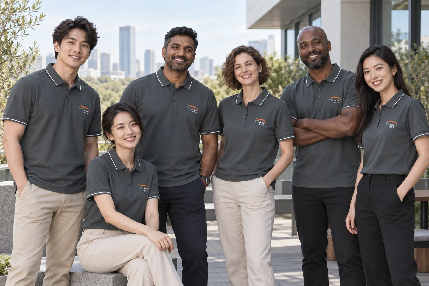 Charcoal Polo Shirt · International team styling · Group portrait · PM-C-154 / 9