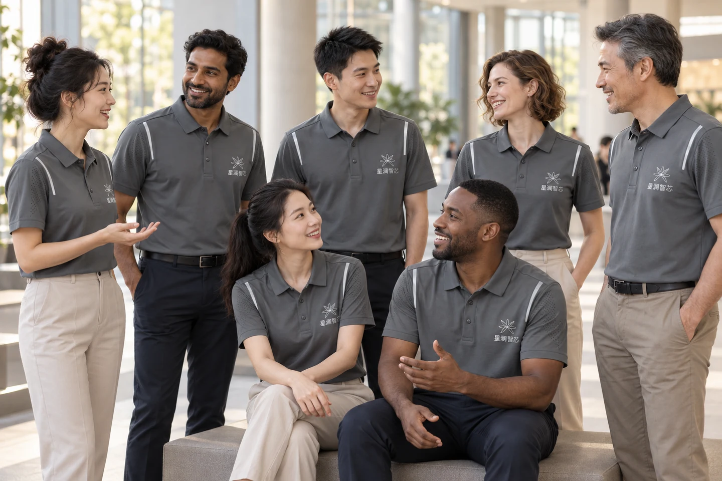Charcoal Polo Shirt · International team styling · Group interaction · PM-C-163 / 9