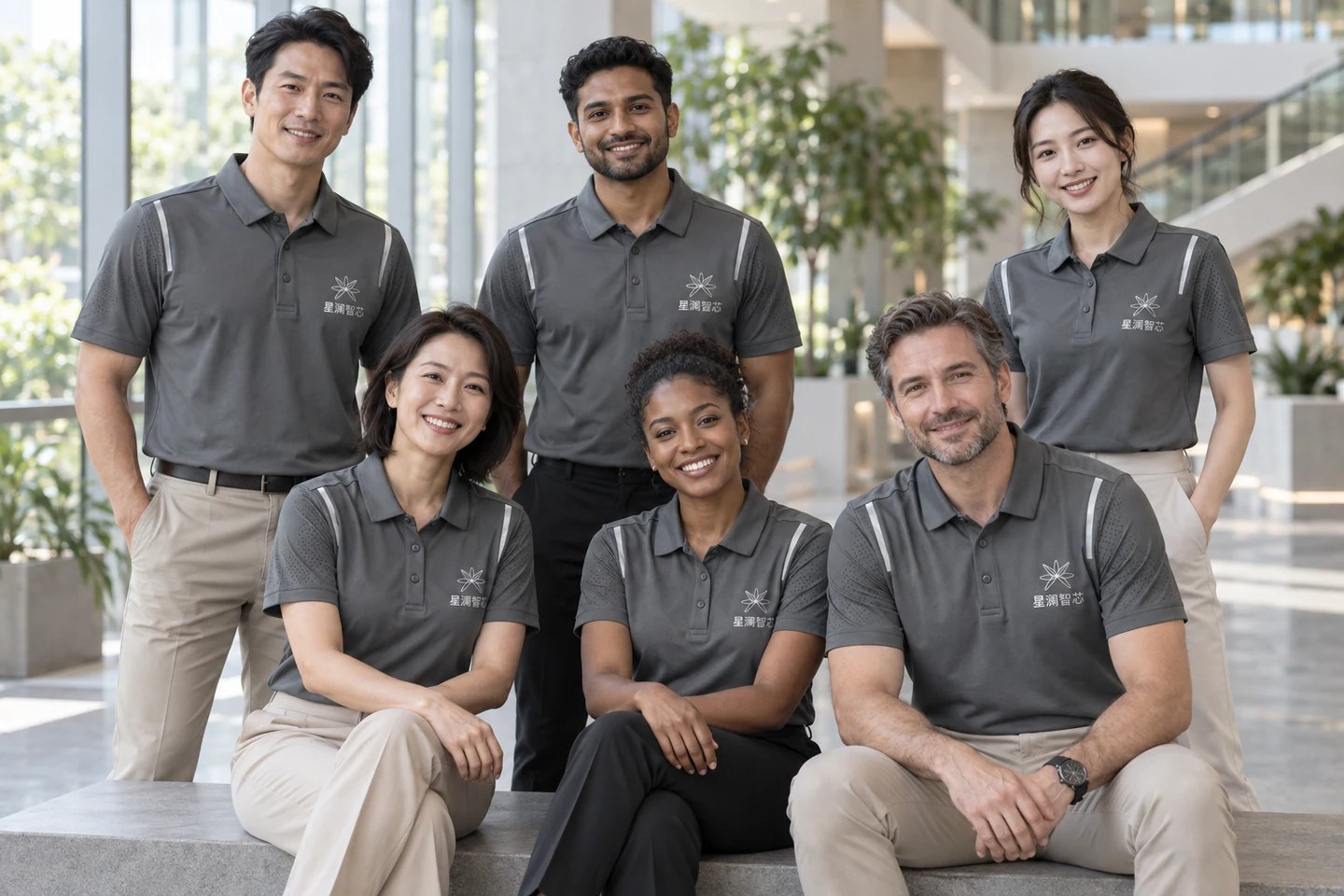 Charcoal Polo Shirt · International team styling · Group portrait · PM-C-163 / 8