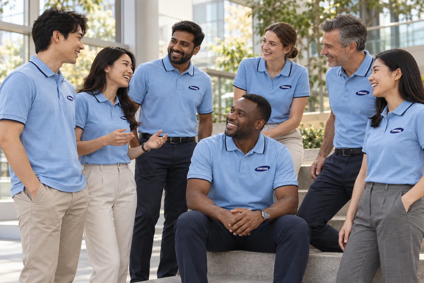 Light Blue Polo Shirt · International team styling · Group interaction · PM-C-166 / 8
