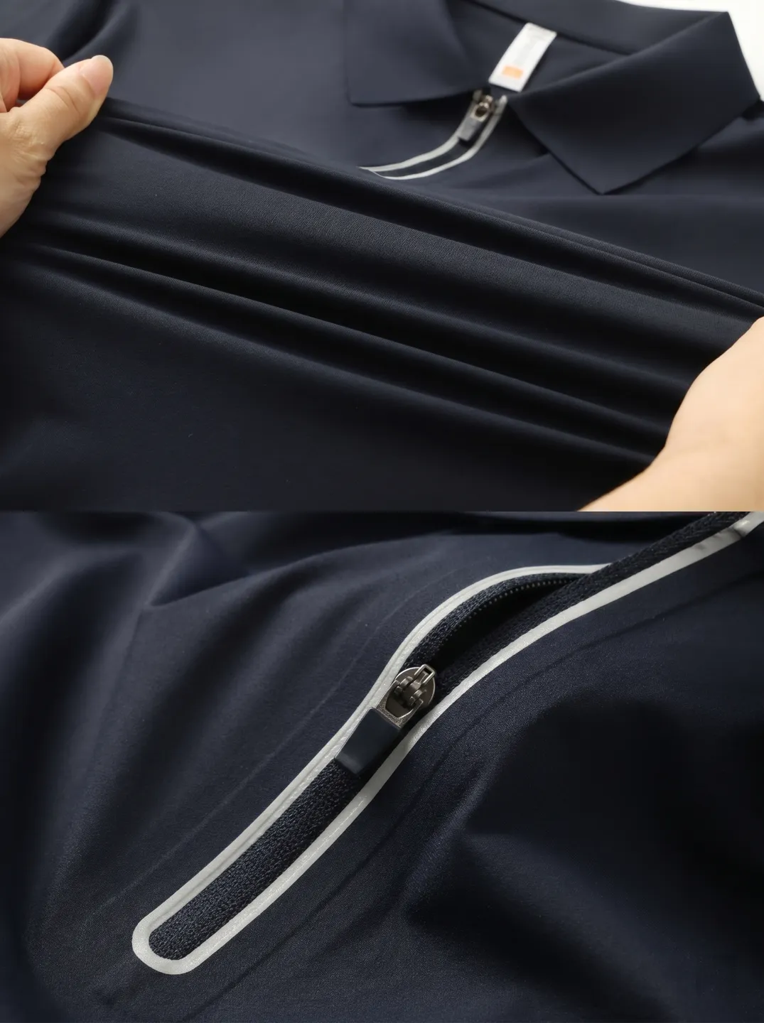 Navy Zip-Neck Polo Shirt · Logo and design details · PM-C-196 / 5