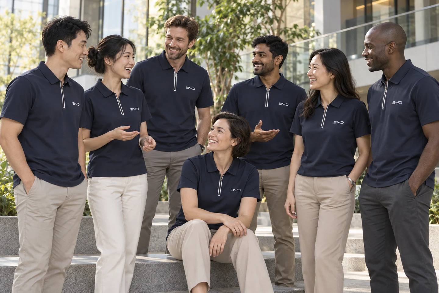 Navy Zip-Neck Polo Shirt · International team styling · Group interaction · PM-C-196 / 10