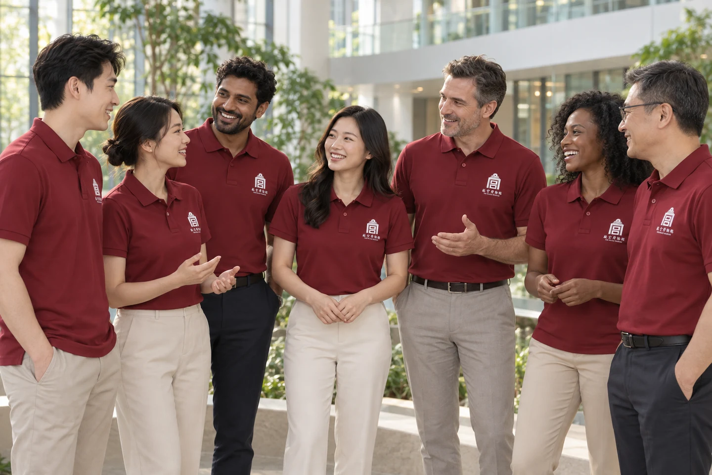 Burgundy Polo Shirt · International team styling · Group interaction · PM-C-201 / 10