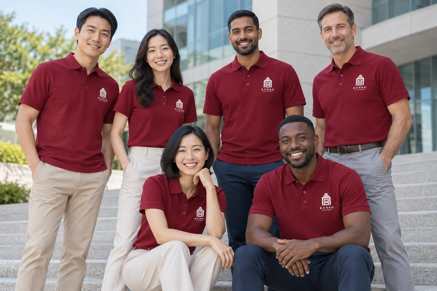 Burgundy Polo Shirt · International team styling · Group portrait · PM-C-201 / 9