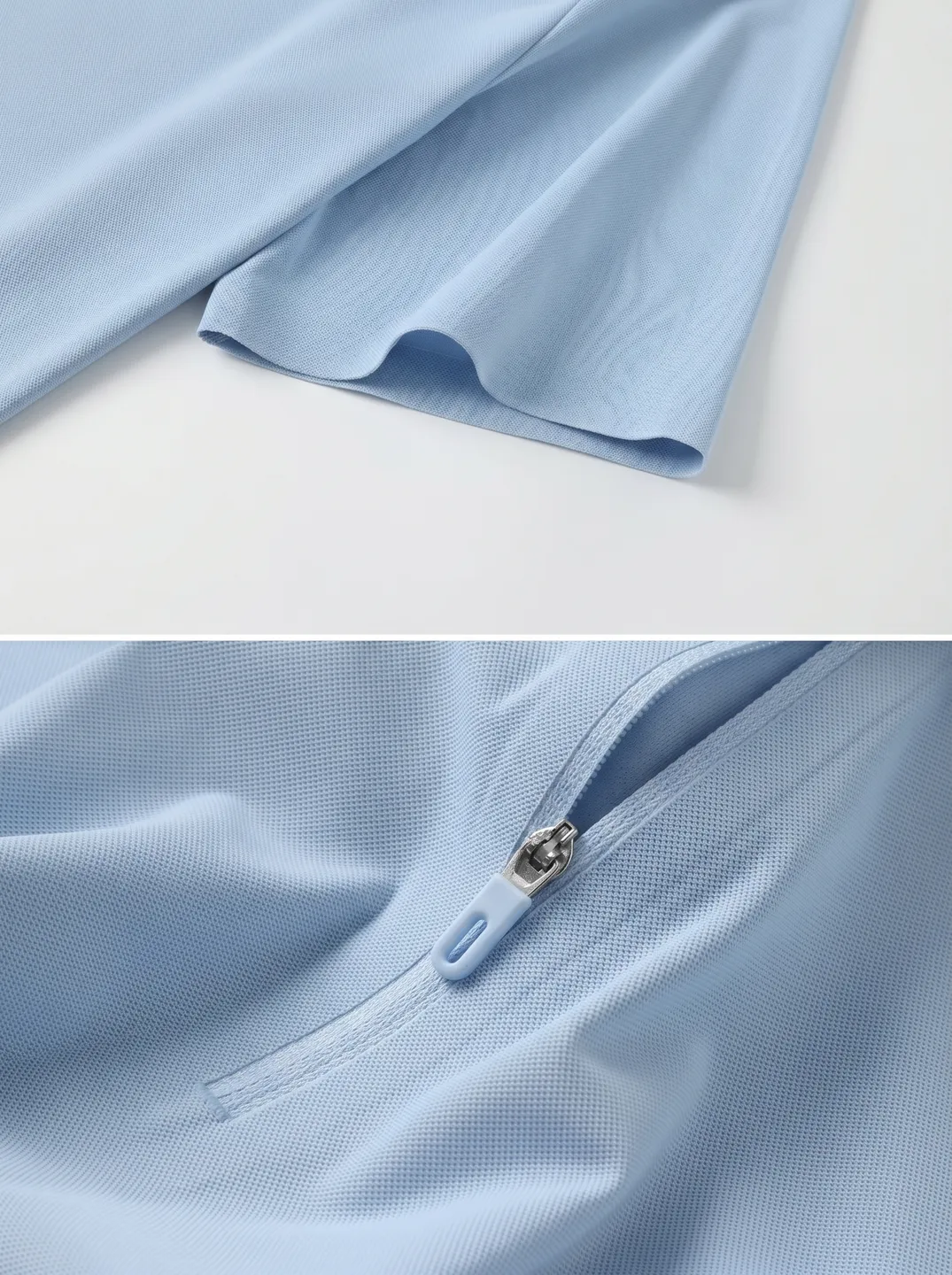 Light Blue Zip-Neck Polo Shirt · Logo and design details · PM-C-202 / 4