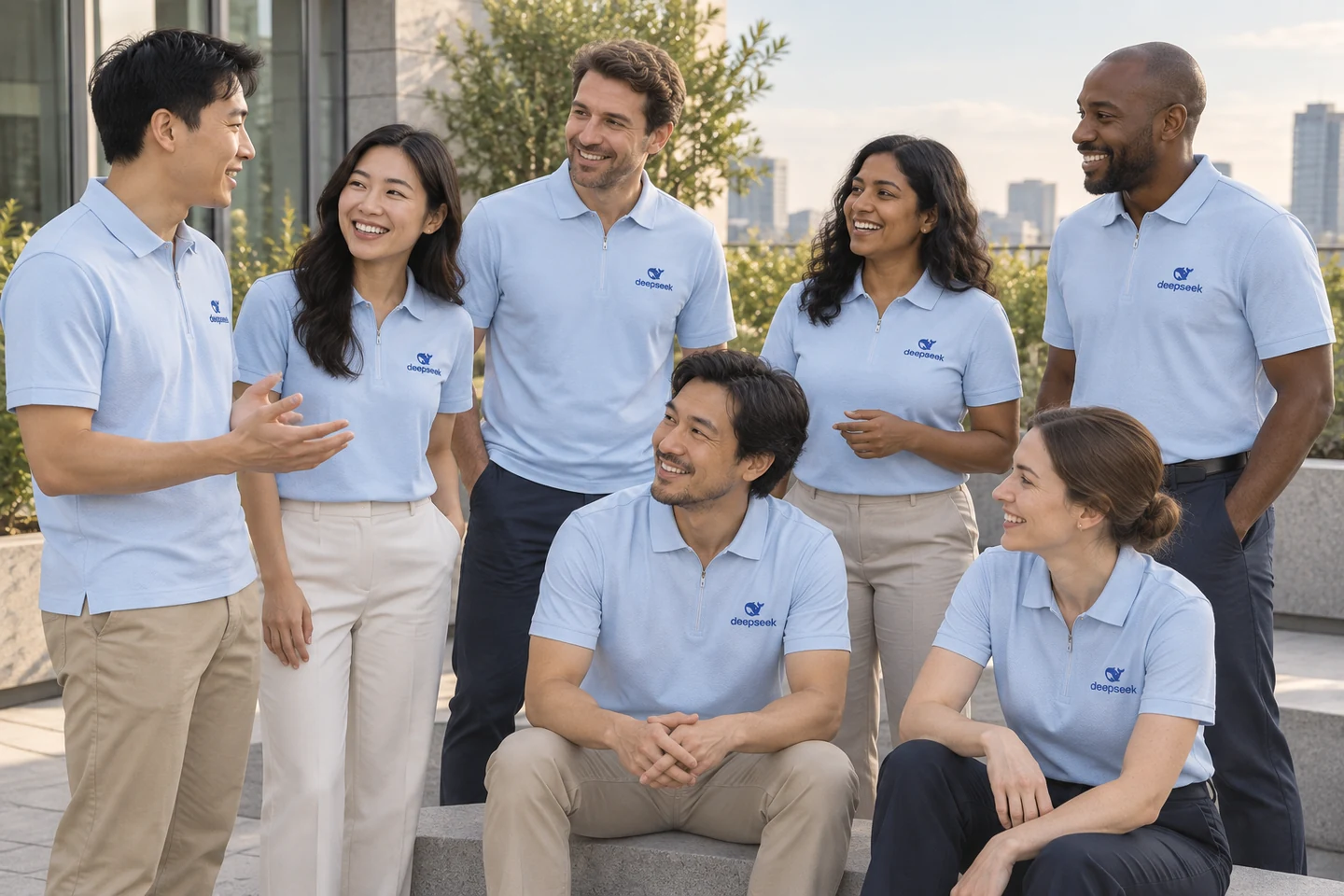 Light Blue Zip-Neck Polo Shirt · International team styling · Group interaction · PM-C-202 / 10