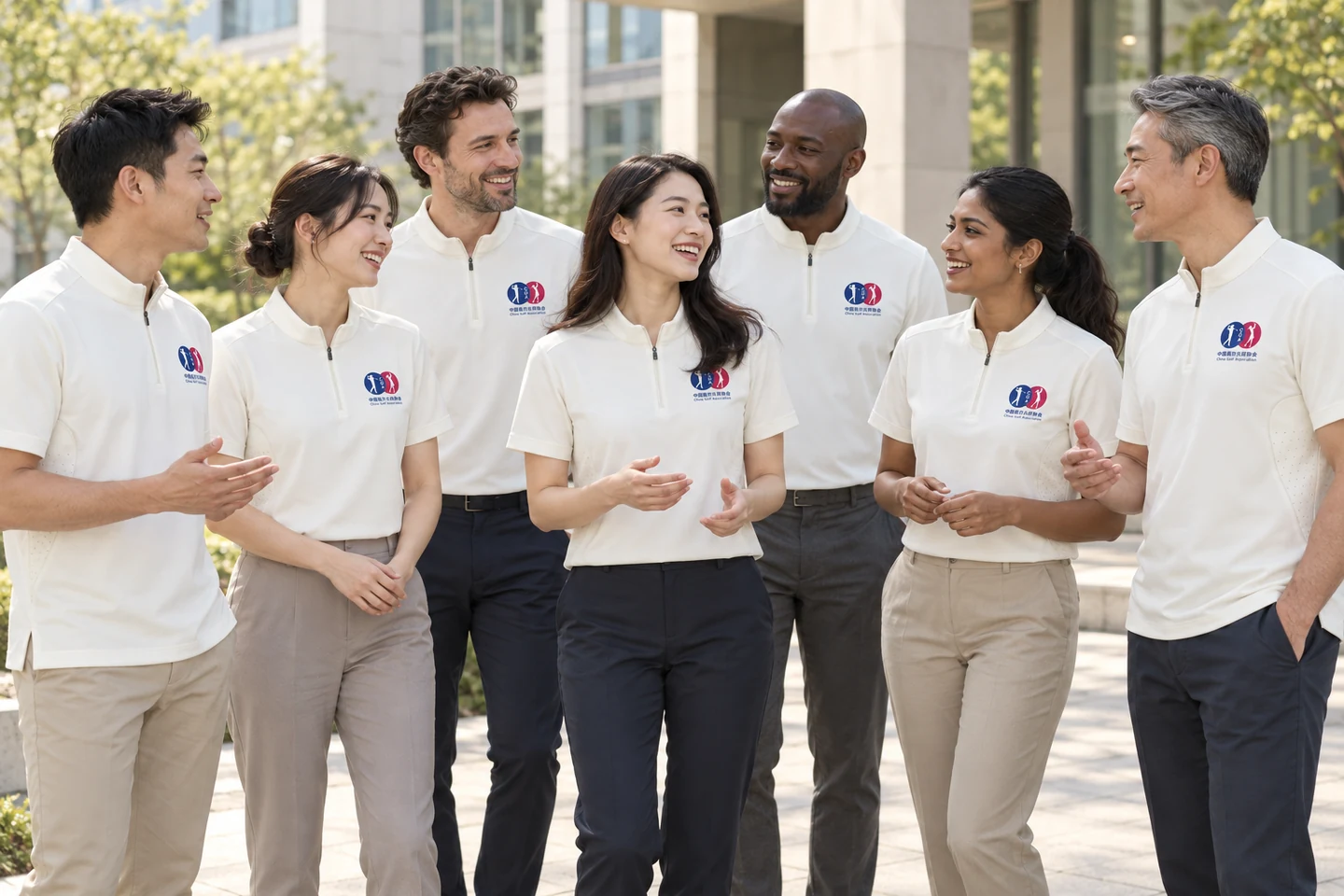 Ivory Stand-Collar Polo Shirt · International team styling · Group interaction · PM-C-204 / 10